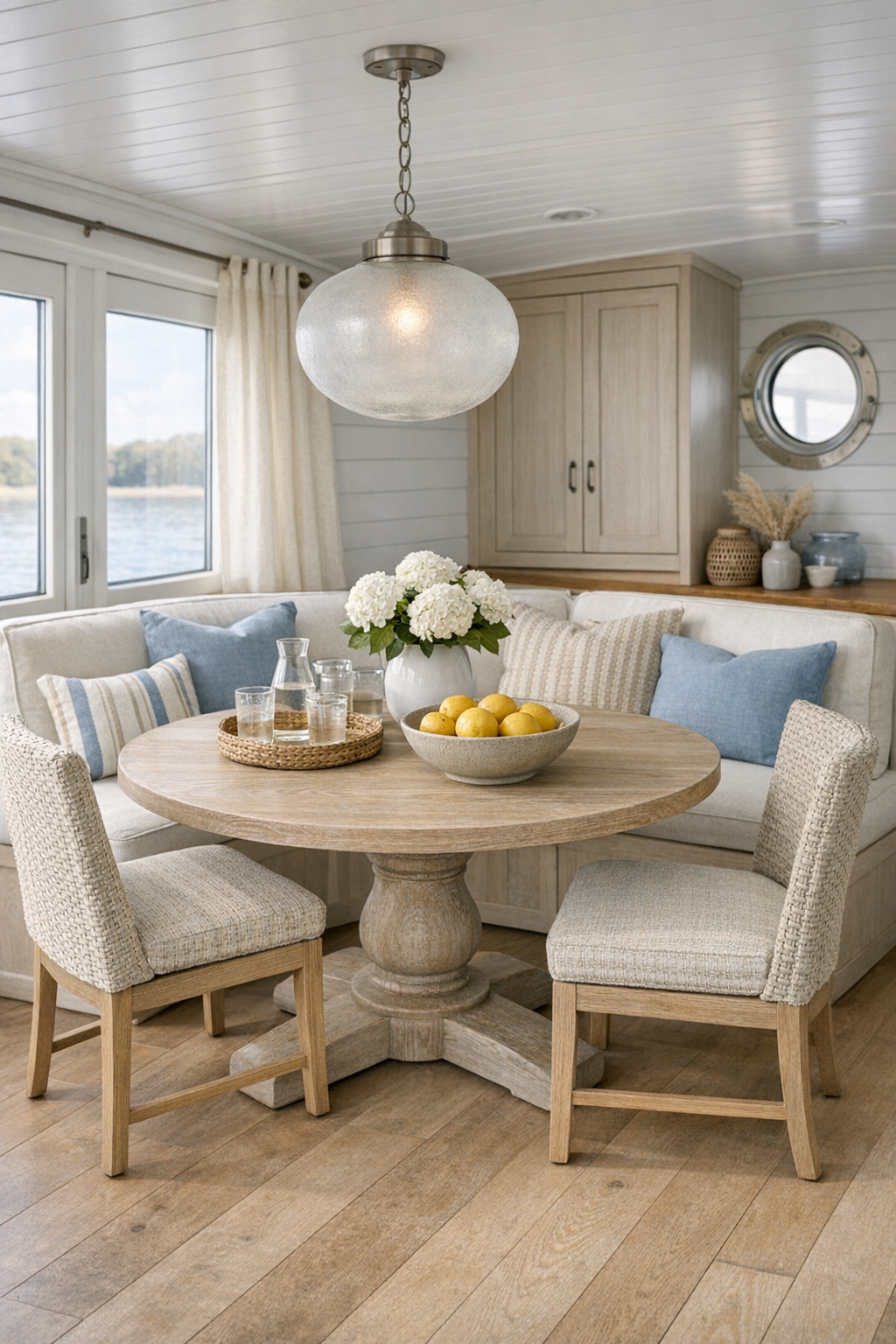 Coastal dining area with round wood table and soft natural light