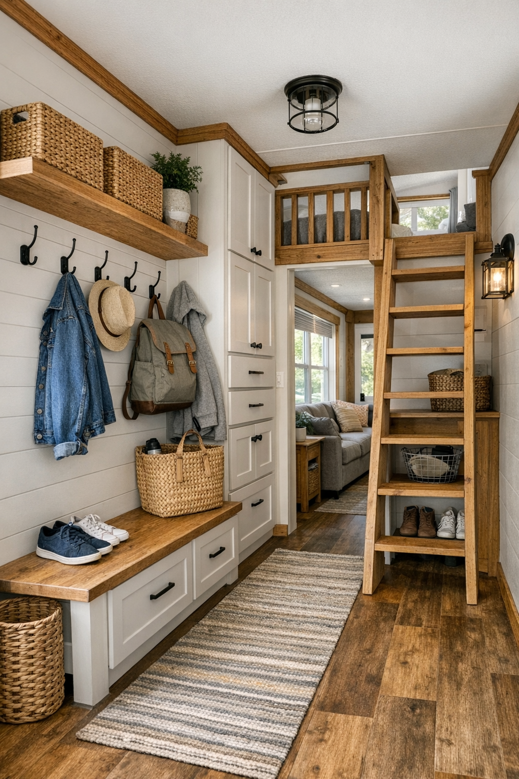 Functional farmhouse RV entry and loft area with built-in storage, hooks, and warm wood details