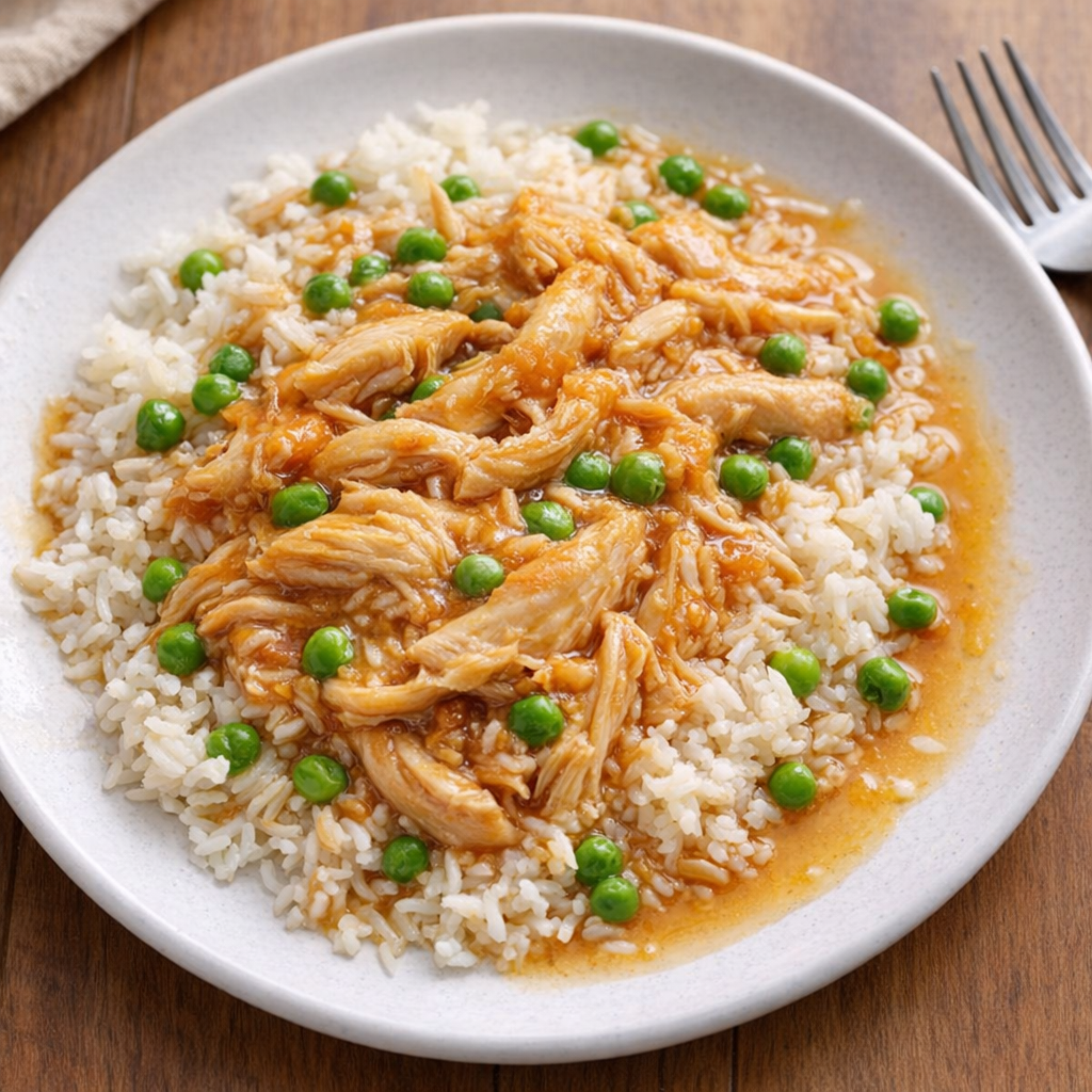 Slow cooker spring blossom chicken served over rice