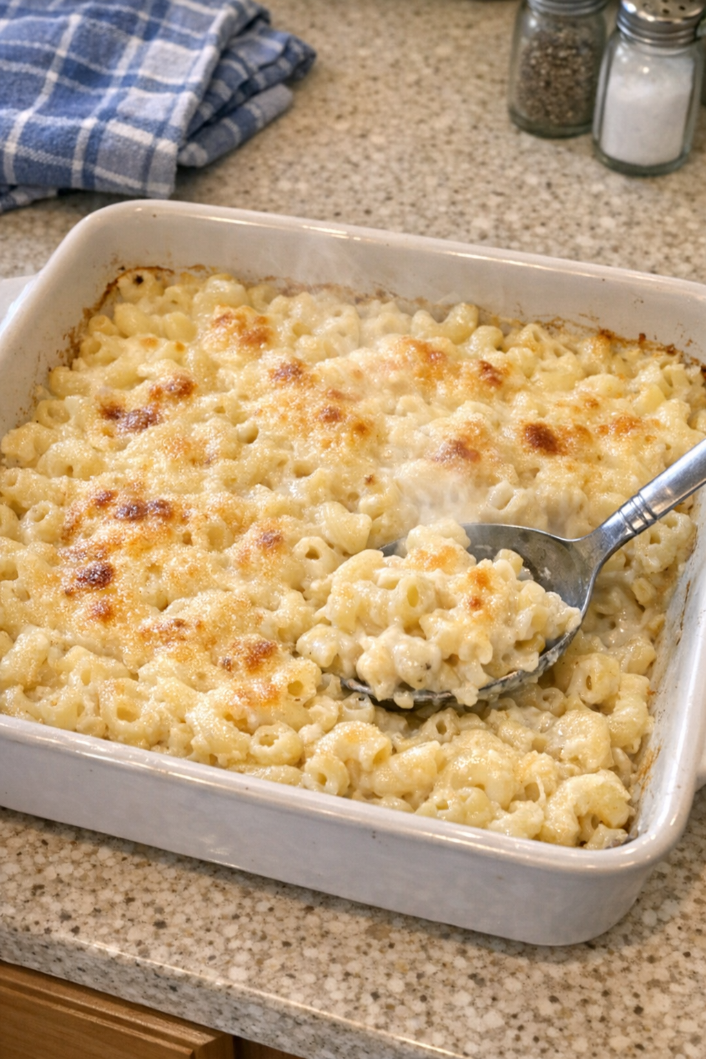 Baked creamy Alfredo macaroni in a casserole dish