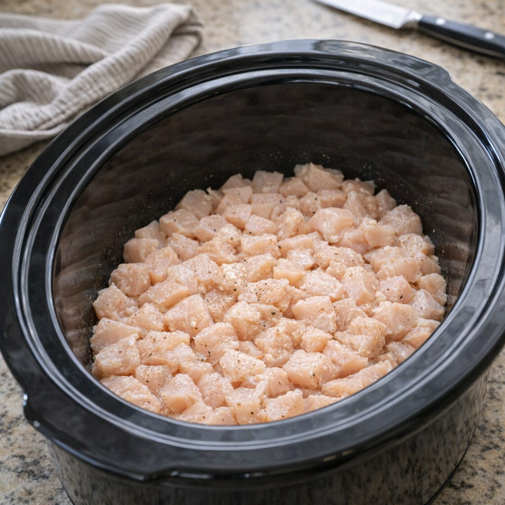 Diced chicken arranged in a slow cooker crock
