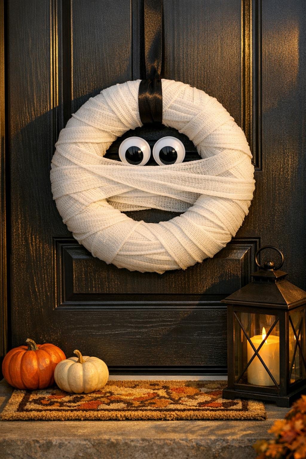 Finished mummy wreath hanging on a front door