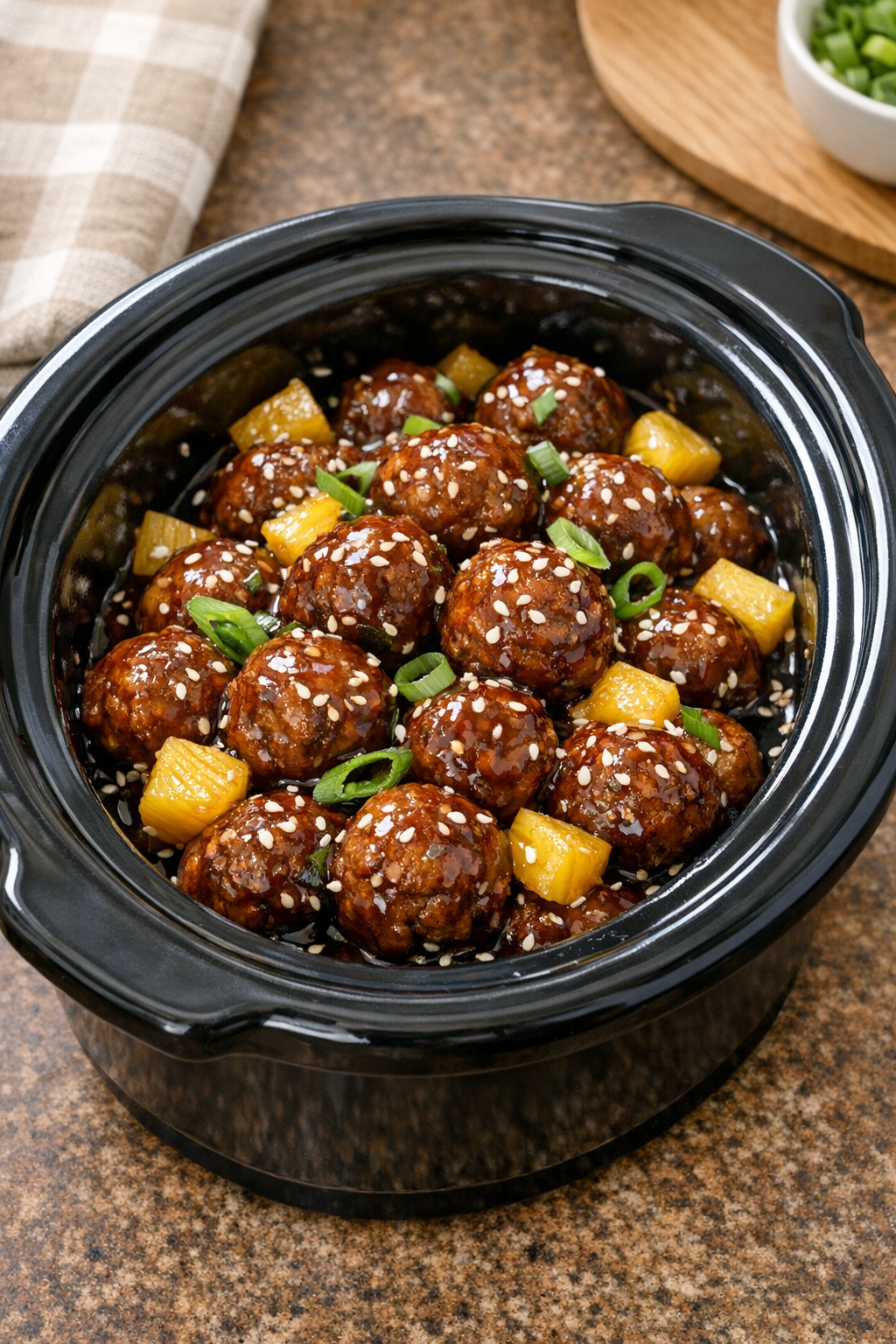 Finished teriyaki beef meatballs garnished and served warm
