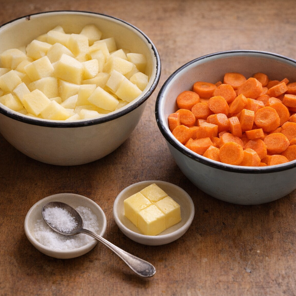 Peeled potatoes, sliced carrots, and butter on a kitchen table