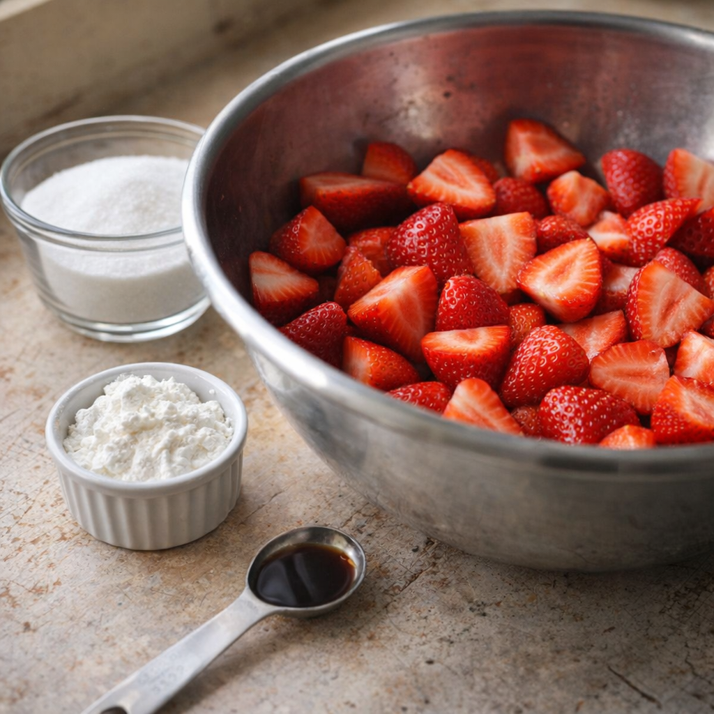 Measured ingredients for strawberry dessert on a farmhouse counter