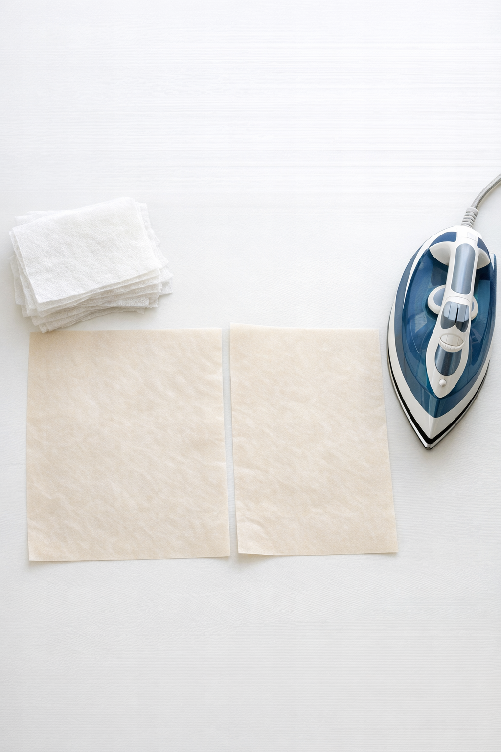 Used dryer sheets, parchment paper, and an iron set out for the project