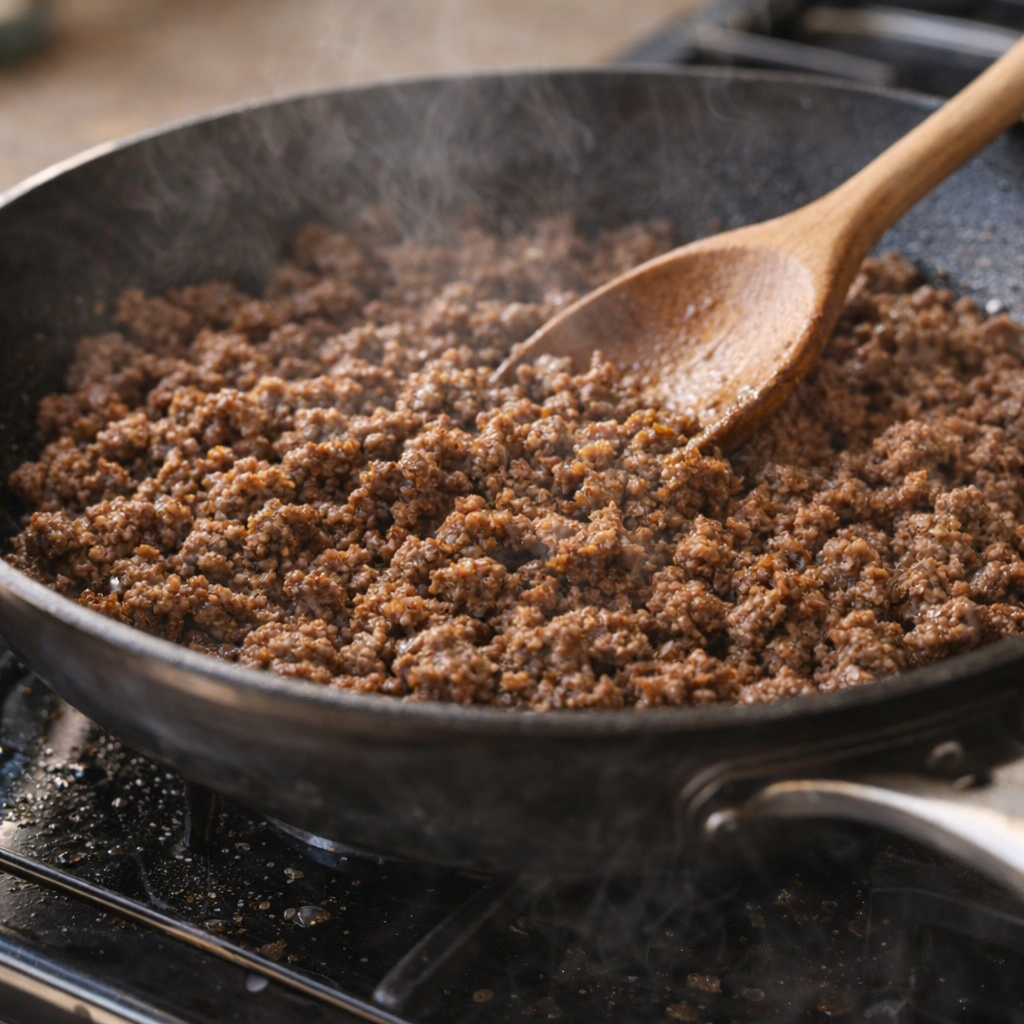 Ground beef browning in a skillet