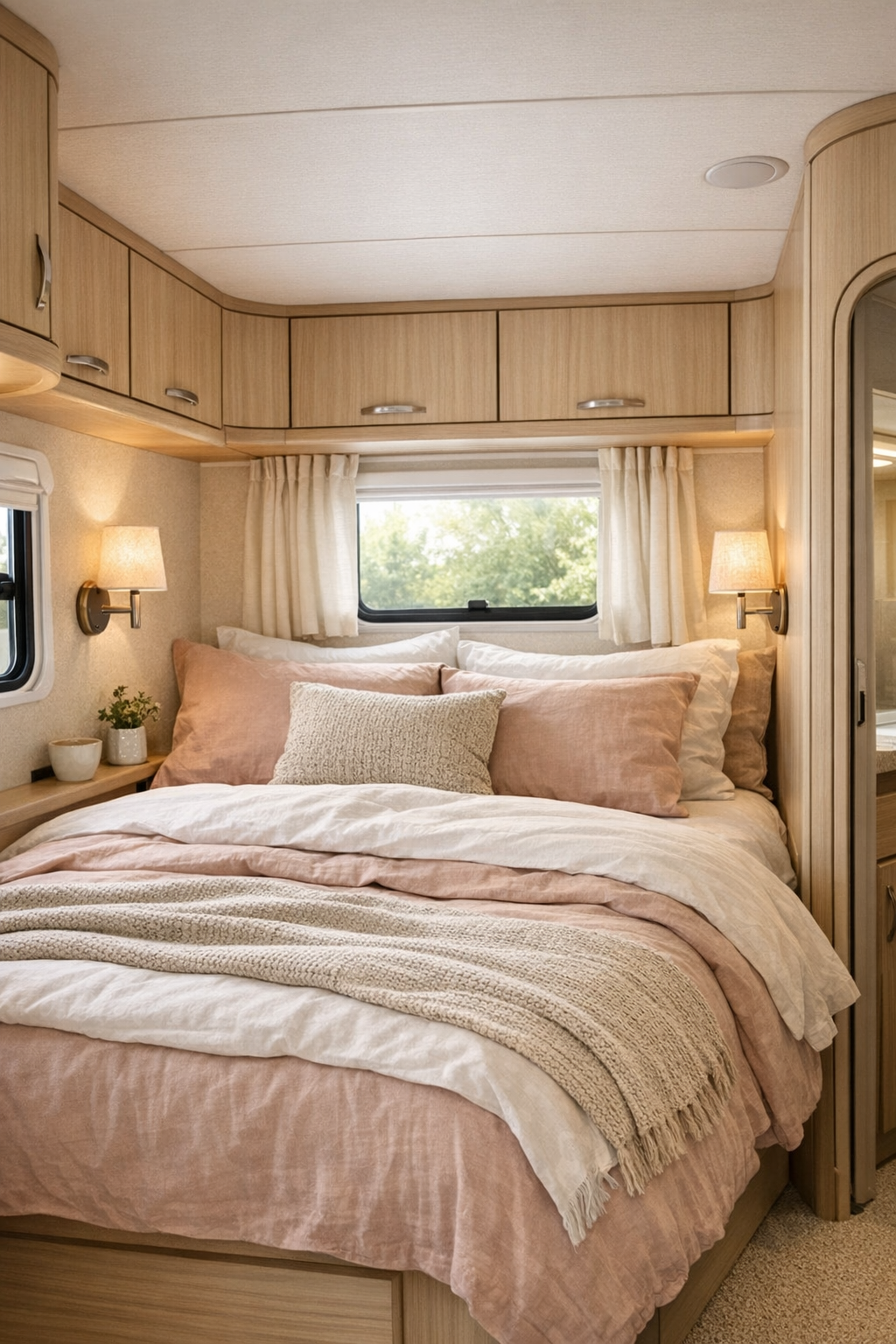 Serene RV bedroom with blush and sand bedding and built-in storage