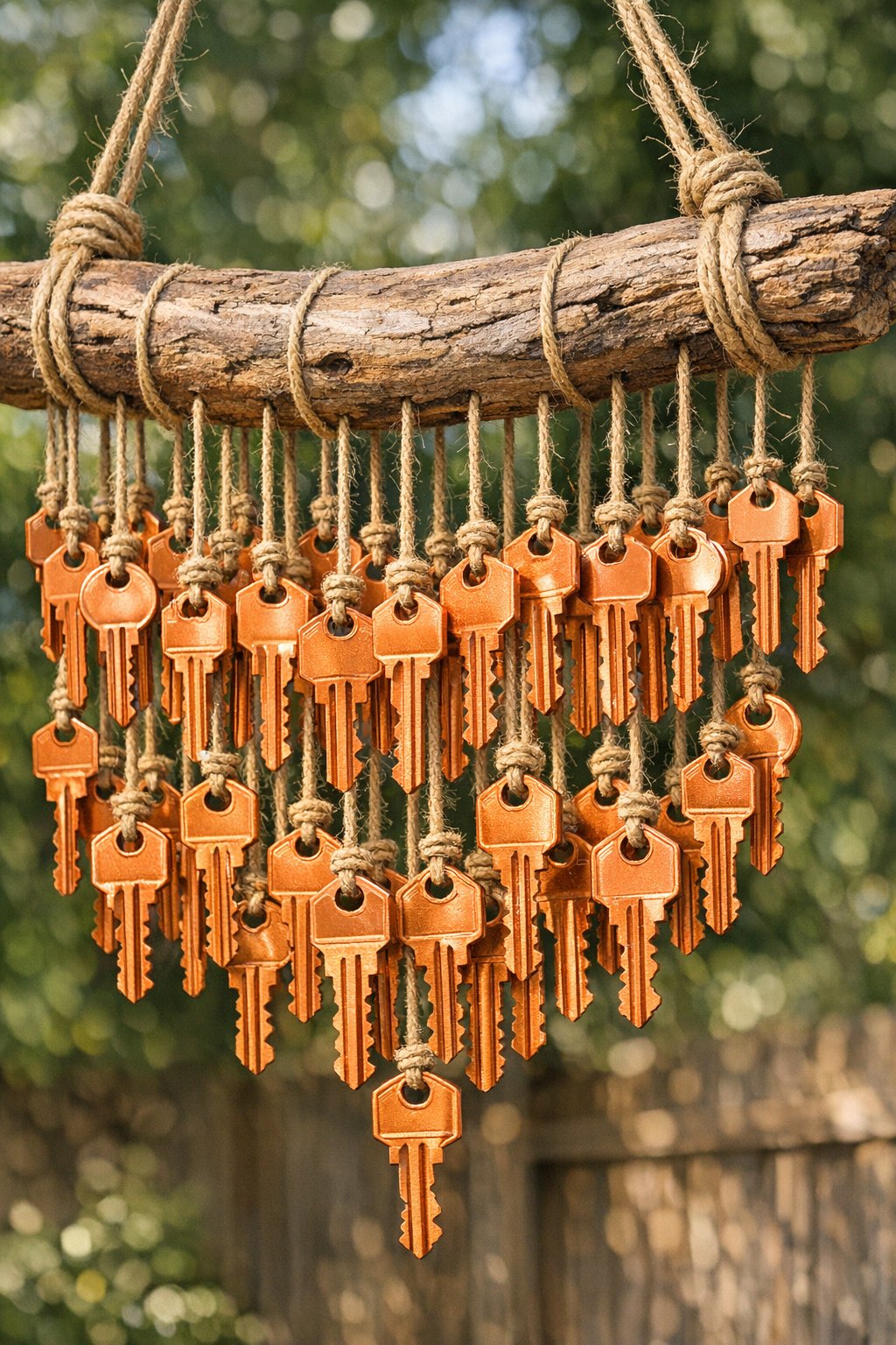 Finished giant backyard wind chimes made from copper-painted keys on driftwood
