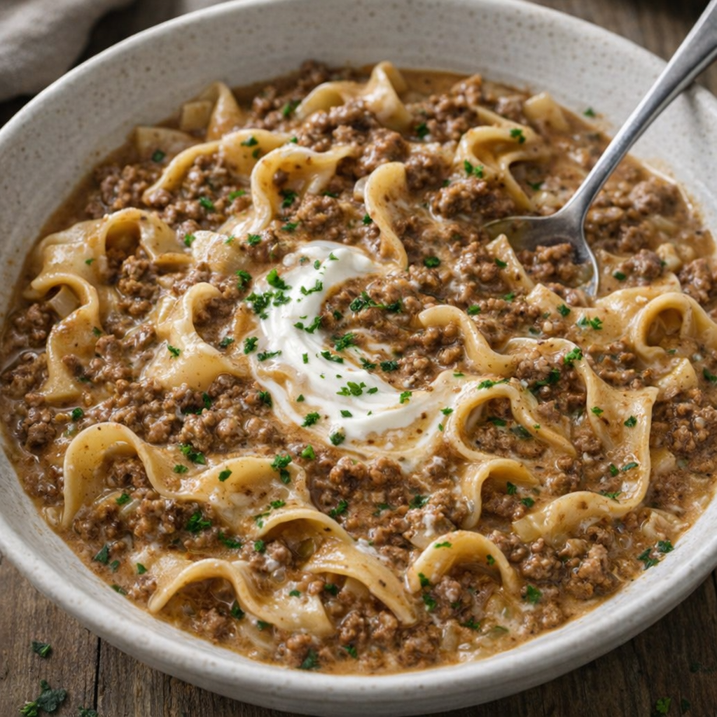 Creamy variation of beefy onion noodles with sour cream