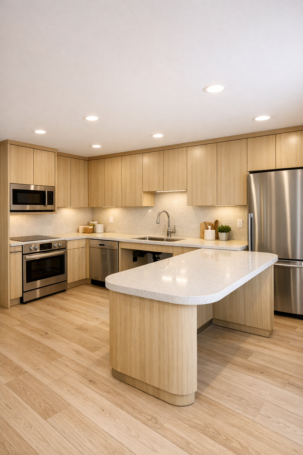 Accessible kitchen with oat-toned cabinets, pale quartz counters, and open circulation