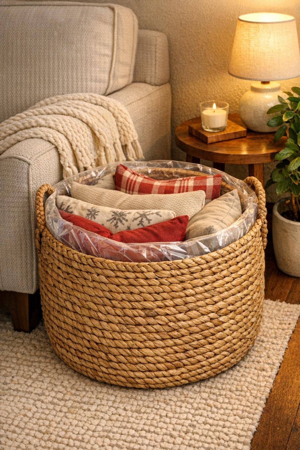 Finished living room throw pillow storage made from a seagrass basket with a clear fitted garbage bag liner