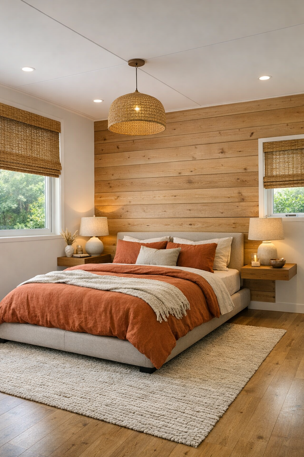 Calm bedroom with natural wood paneling and muted terracotta bedding accents