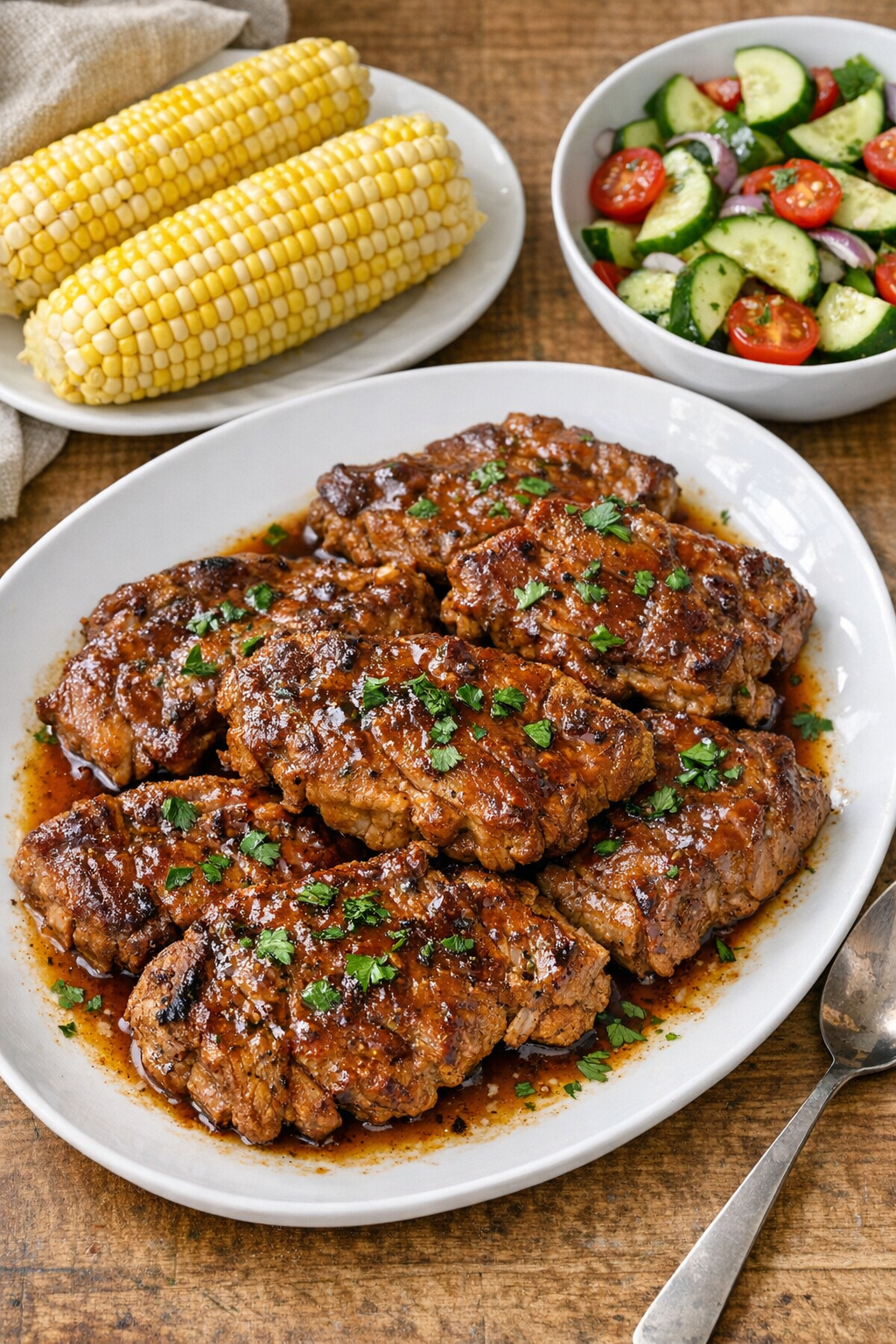 Finished slow cooker pork shoulder steaks plated with summer sides
