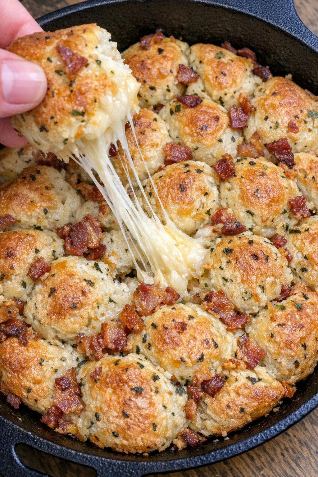 Golden pull-apart biscuit bread in a cast iron skillet with melted cheese