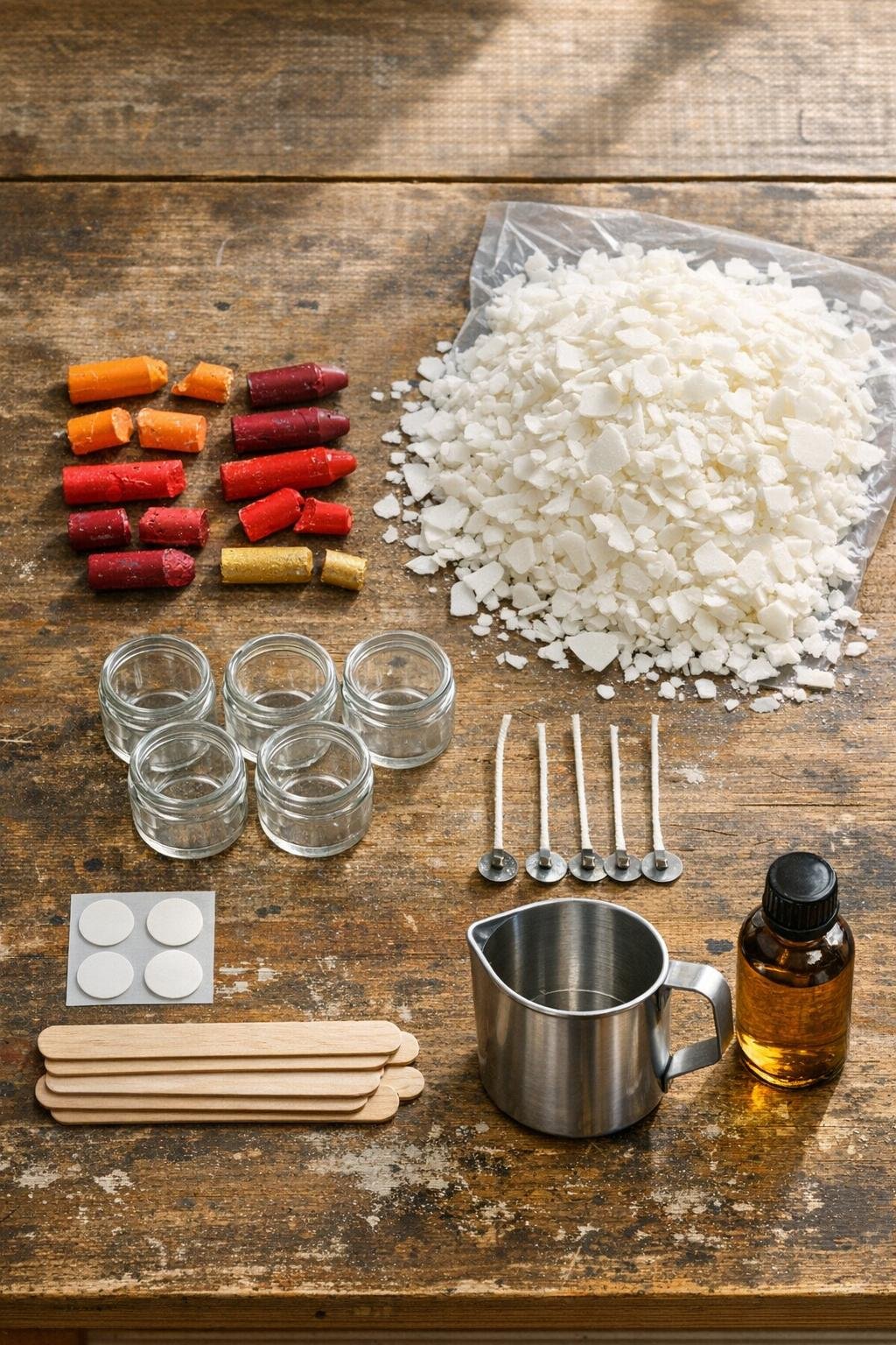 Materials for marbled wax votives laid out on a work surface
