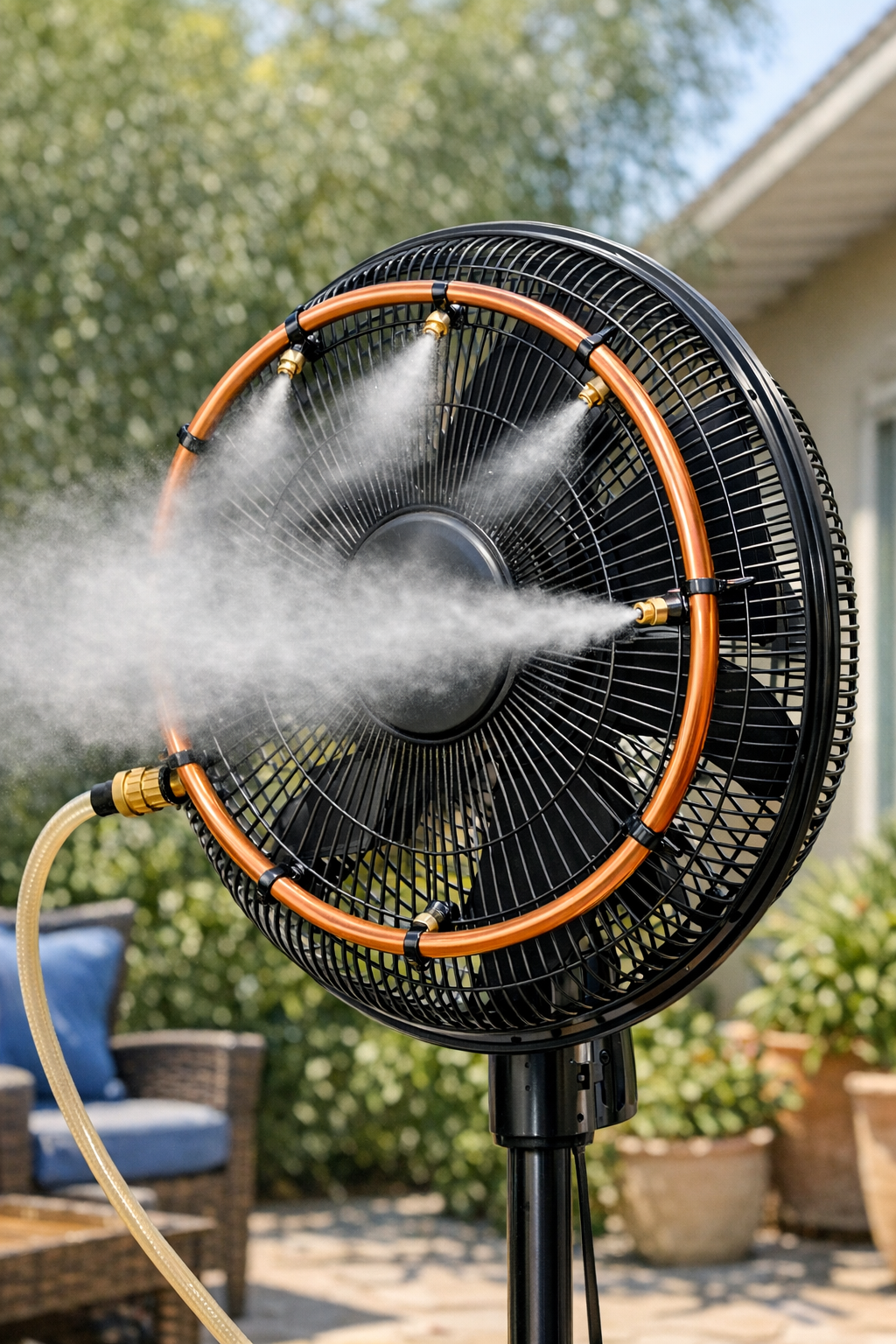 Finished copper misting ring attached to a standing pedestal fan on an outdoor patio