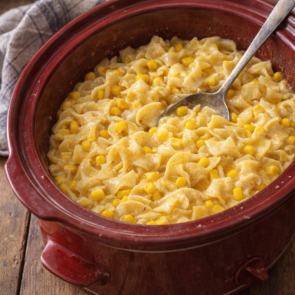 Slow cooker corn noodle bake served family-style