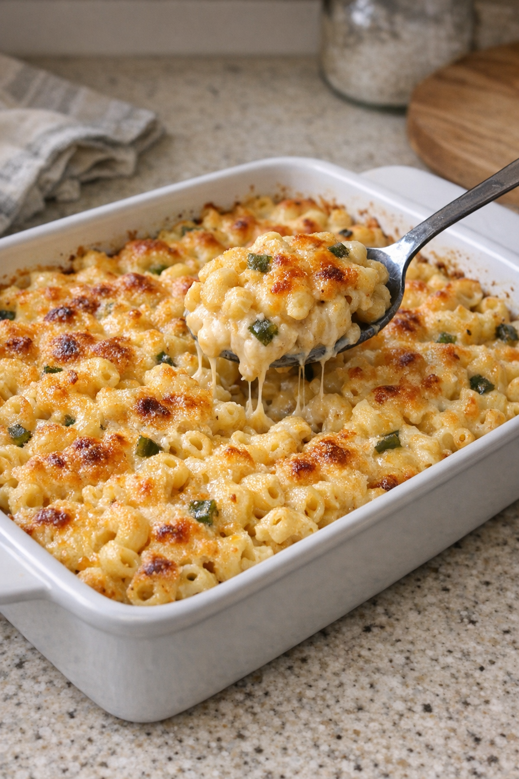 Finished baked cheddar jalapeño dip macaroni in a casserole dish