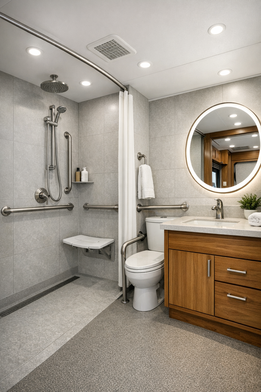 Accessible RV bathroom with curbless shower, warm wood vanity, and modern gray finishes