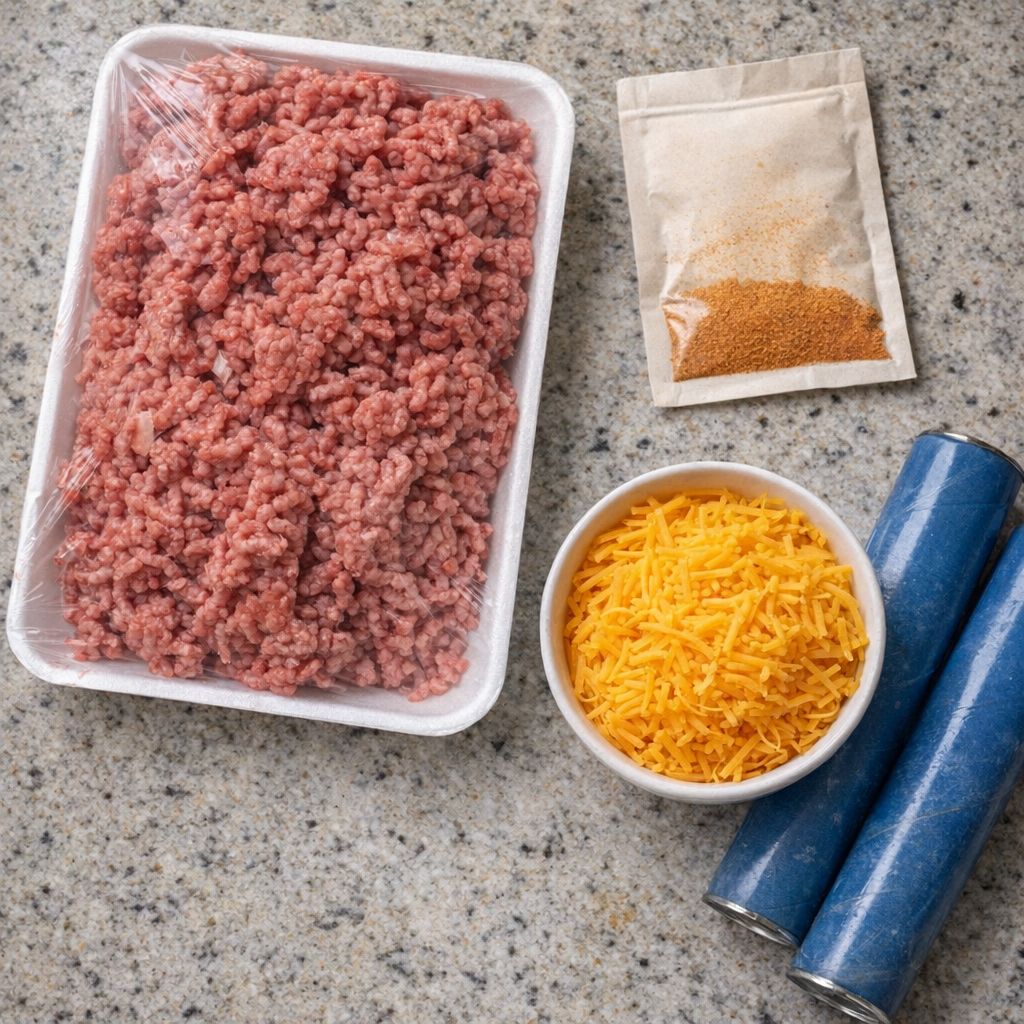 Simple four ingredients laid out on a kitchen counter