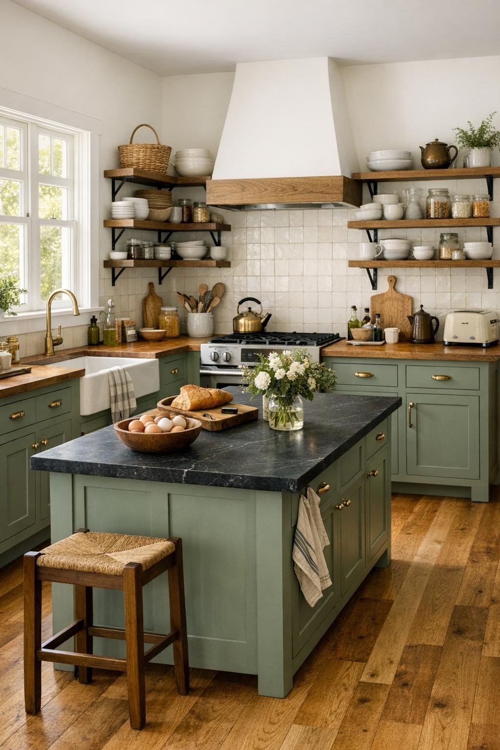 Soft sage kitchen with butcher block counters and a soapstone island