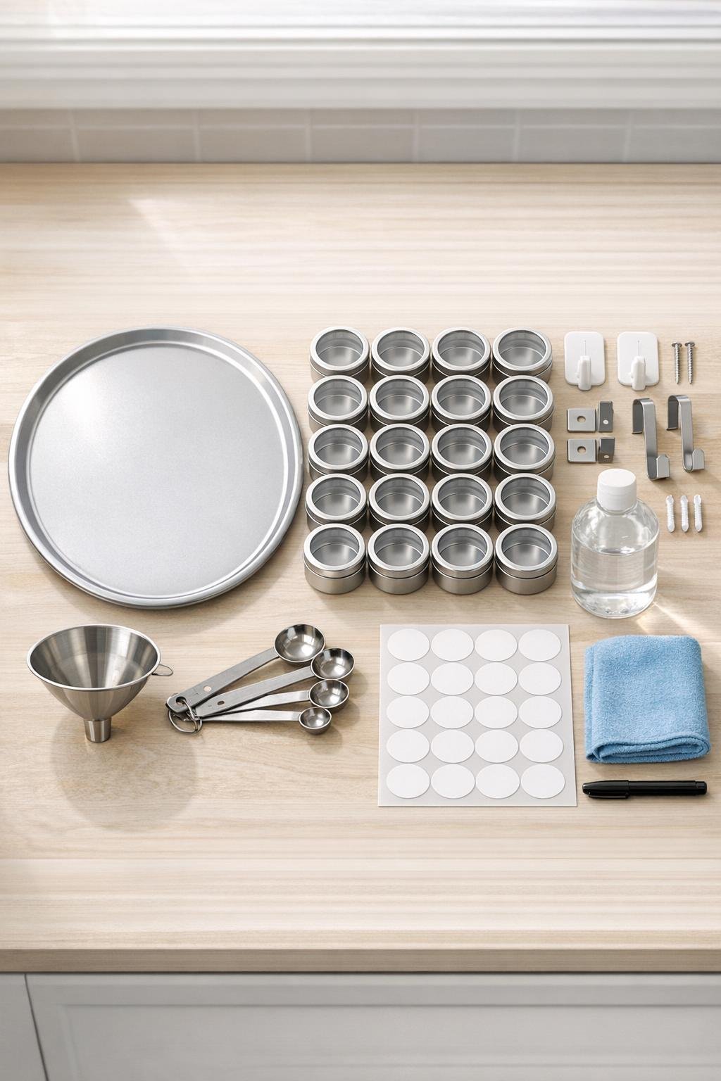 Materials for a magnetic pantry door spice rack laid out neatly