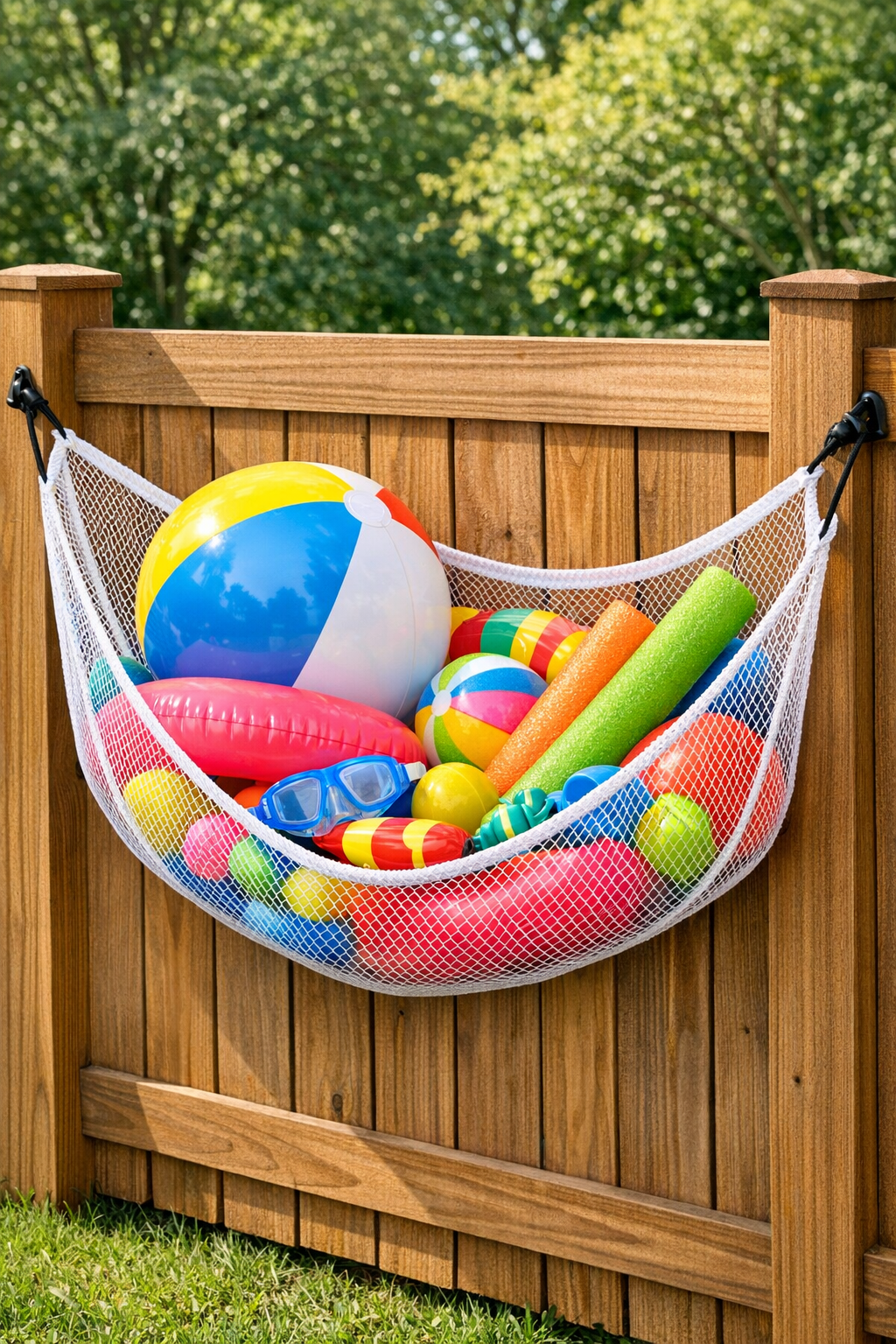 Finished pool toy hammock mounted between fence posts