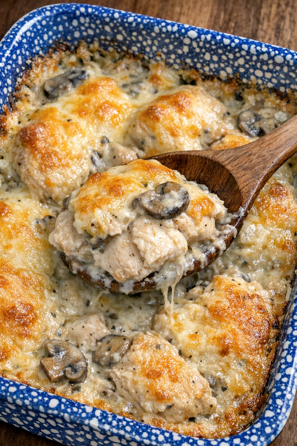 Chicken Astor in creamy mushroom sauce with bubbling cheese