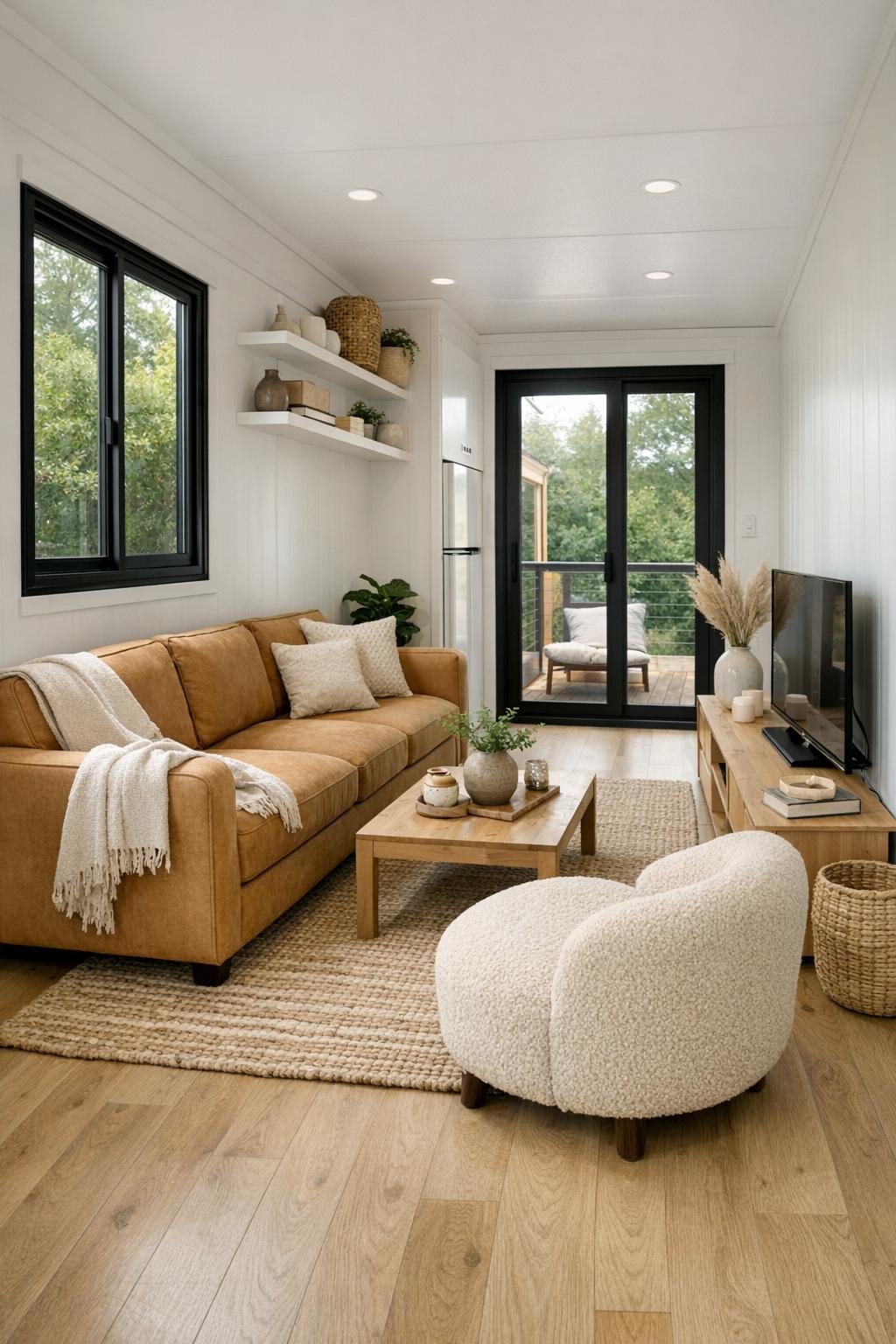 Bright container home living room with a camel sofa, pale oak floors, and black-framed windows