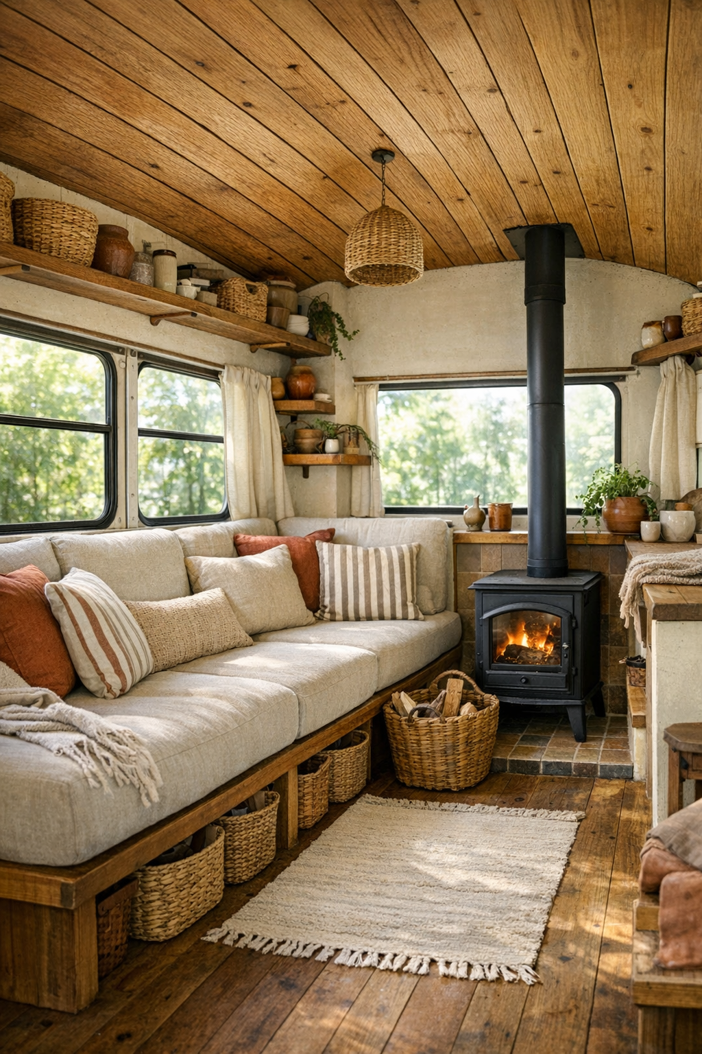 Rustic bus living room with built-in sofa, wood ceiling, and small stove