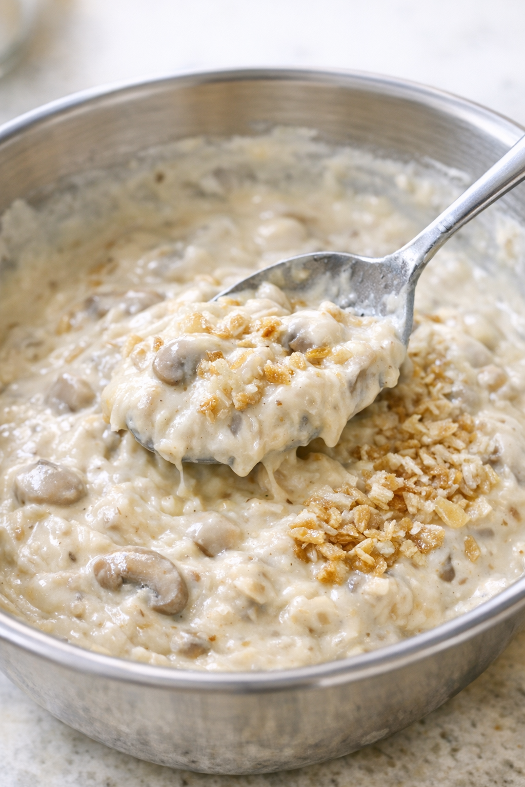 Cream of mushroom soup and onion soup mix stirred together in a bowl