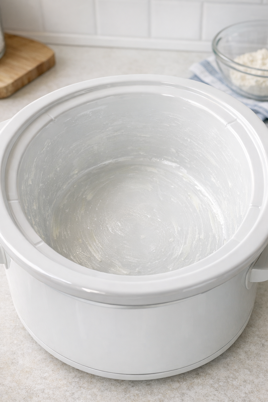 Inside of a white slow cooker lightly greased