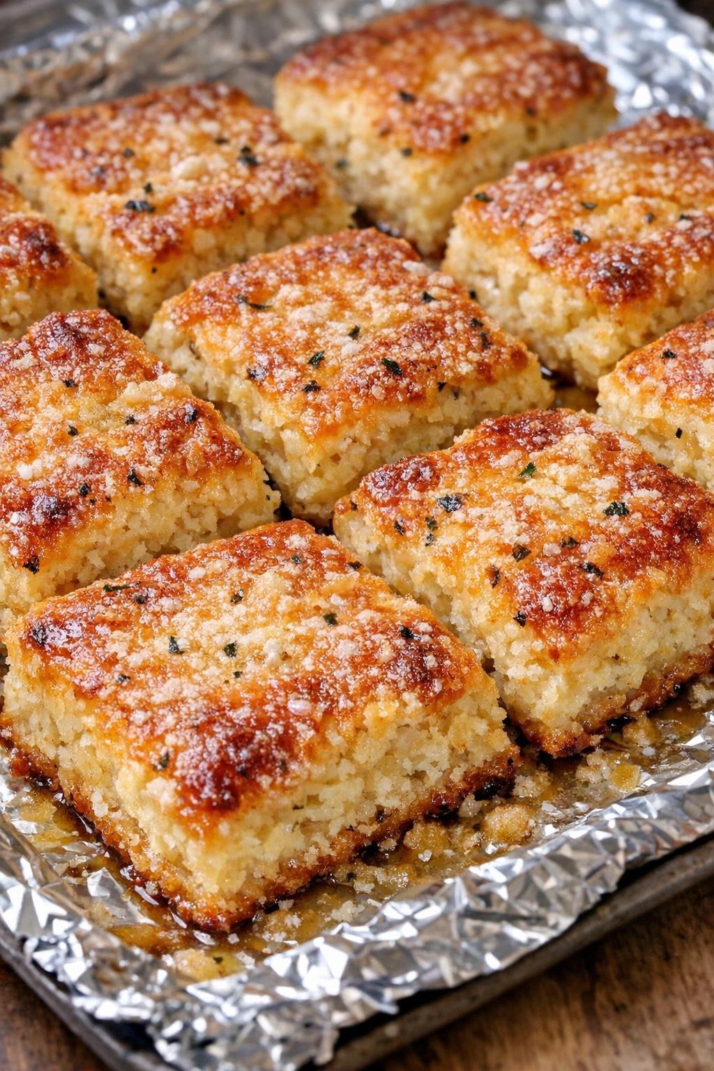 Southern 4-ingredient savory biscuit squares on a foil-lined baking tray