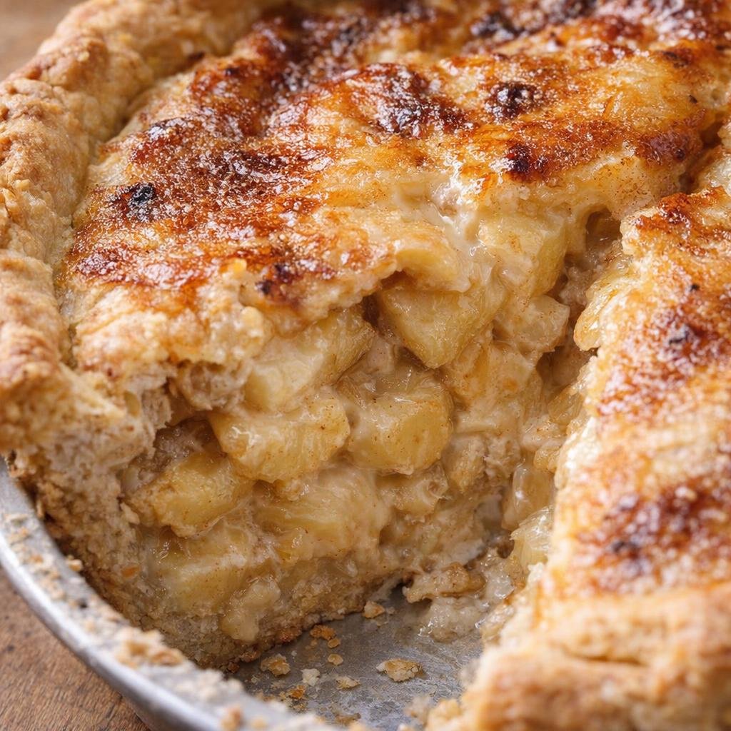Close view of pie filling texture in a cut apple pie