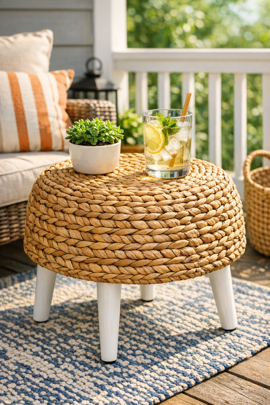 Finished DIY patio side table made from a woven seagrass basket and painted wooden legs