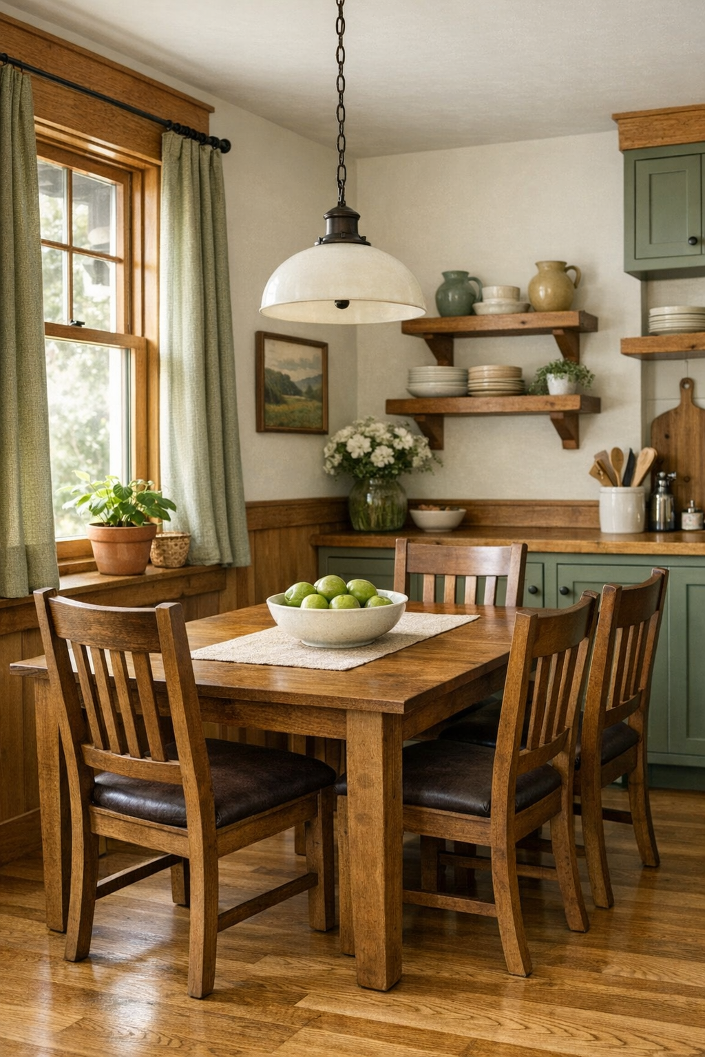 Intimate craftsman dining area with a wooden table and warm natural light