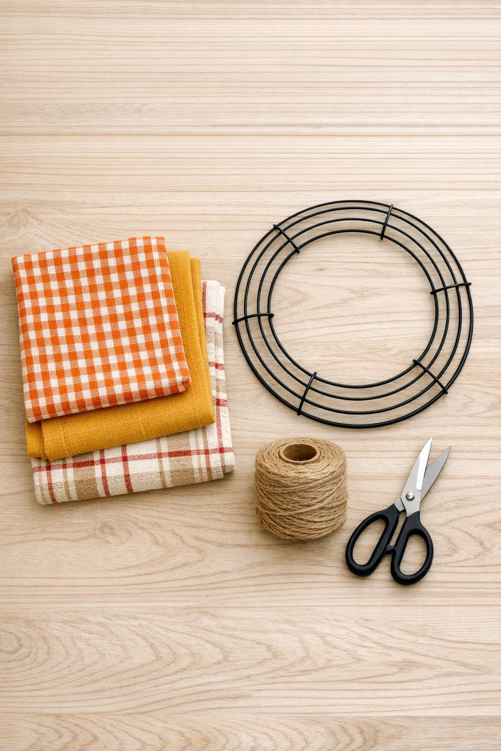 Old cotton dish towels and wreath-making supplies laid out on a table
