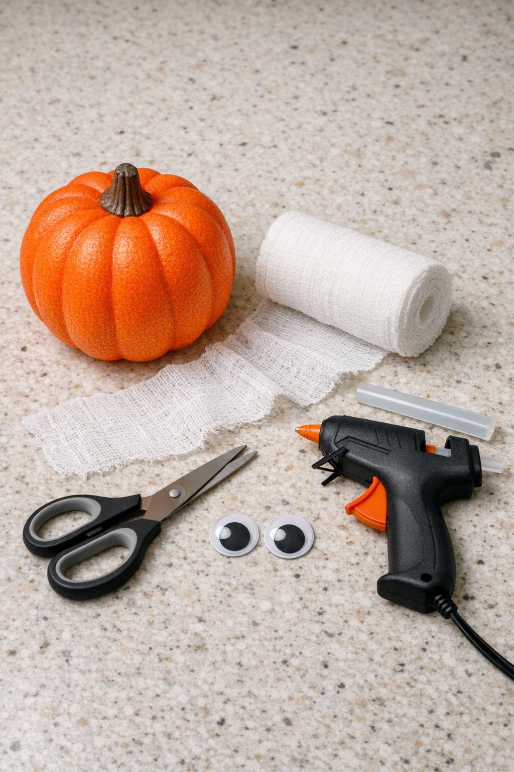 Materials for making a mummy wrapped foam pumpkin