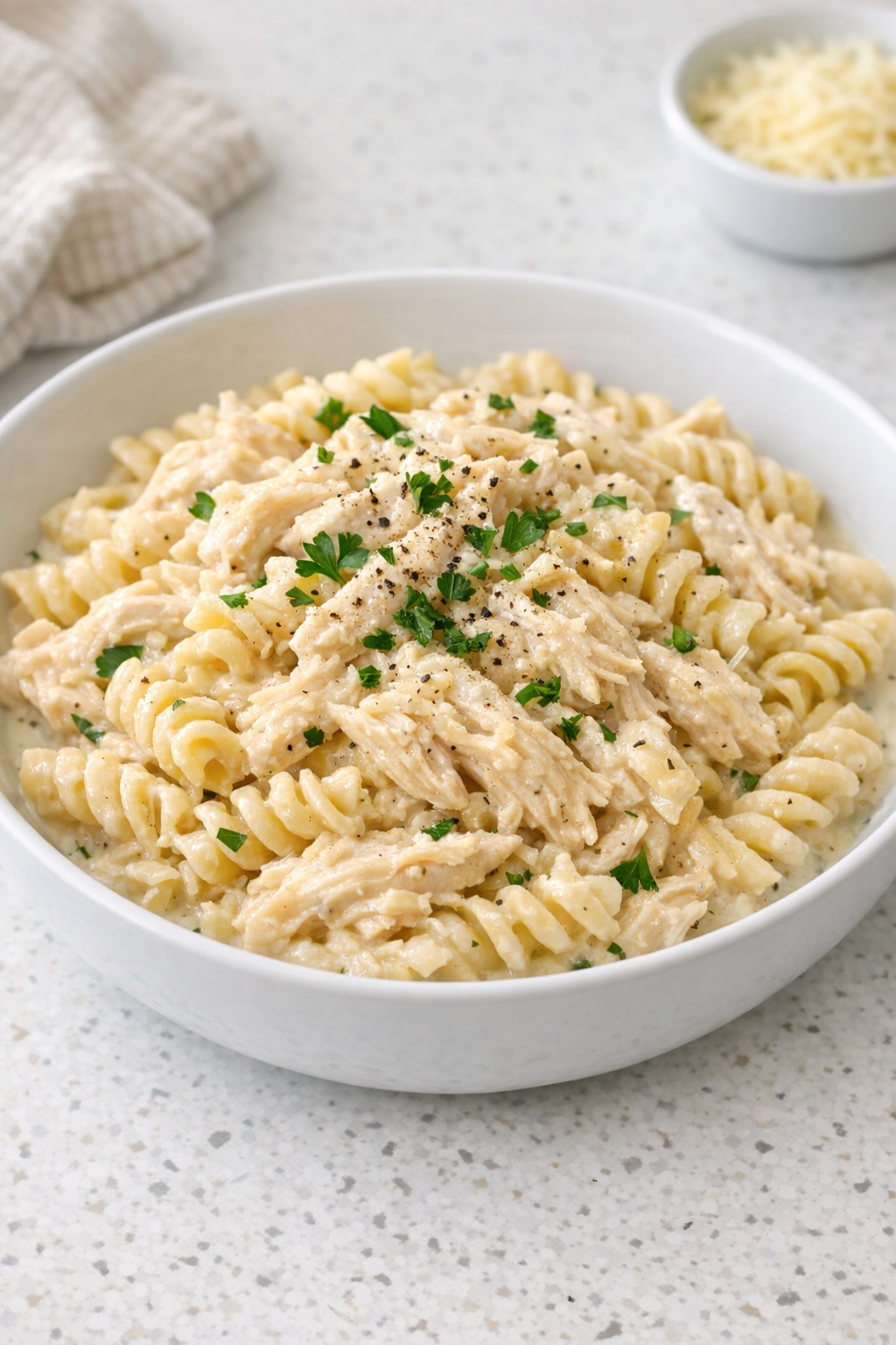 Creamy chicken pasta plated in a bowl