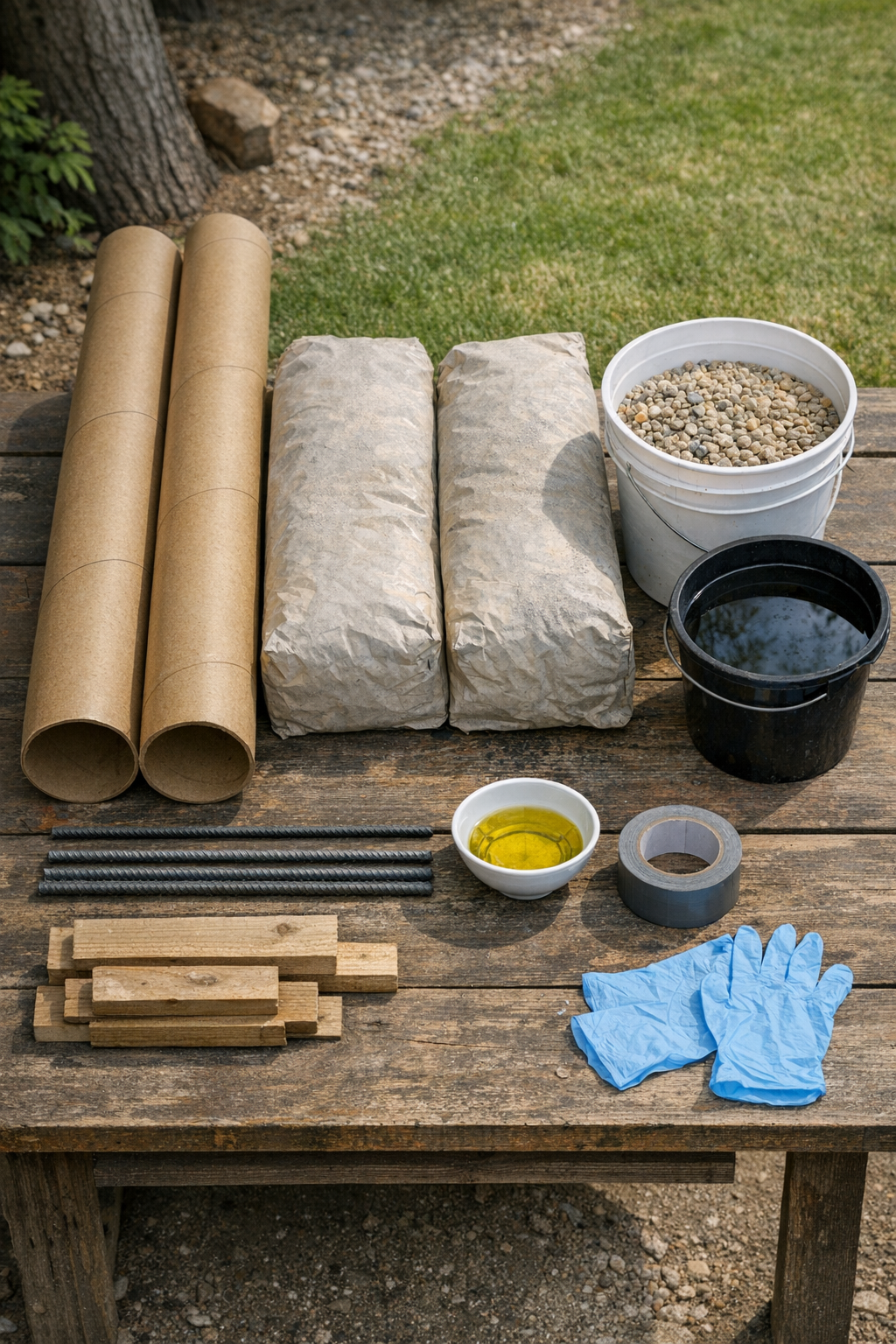 Materials for making two concrete yard posts laid out on a worktable