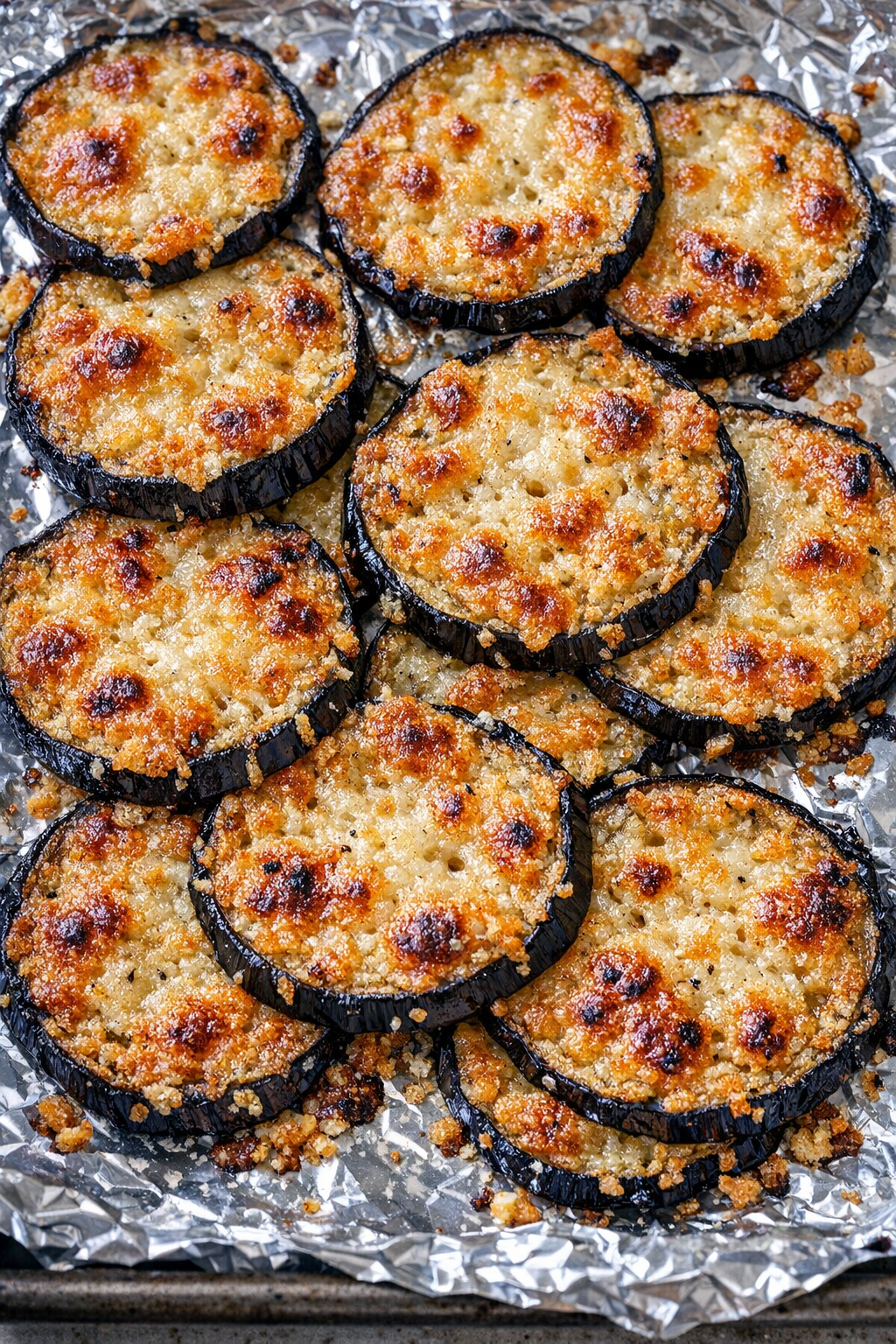 Parmesan eggplant crisps on a foil-lined baking tray