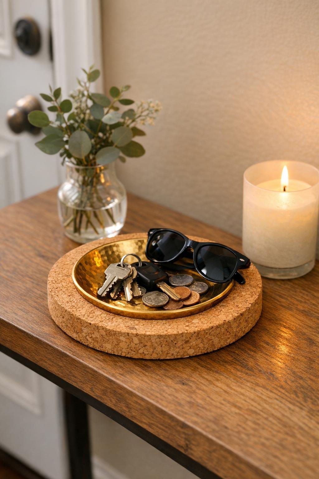 Finished entryway key bowl made from a hammered brass bowl set into a round cork trivet on a small entry table