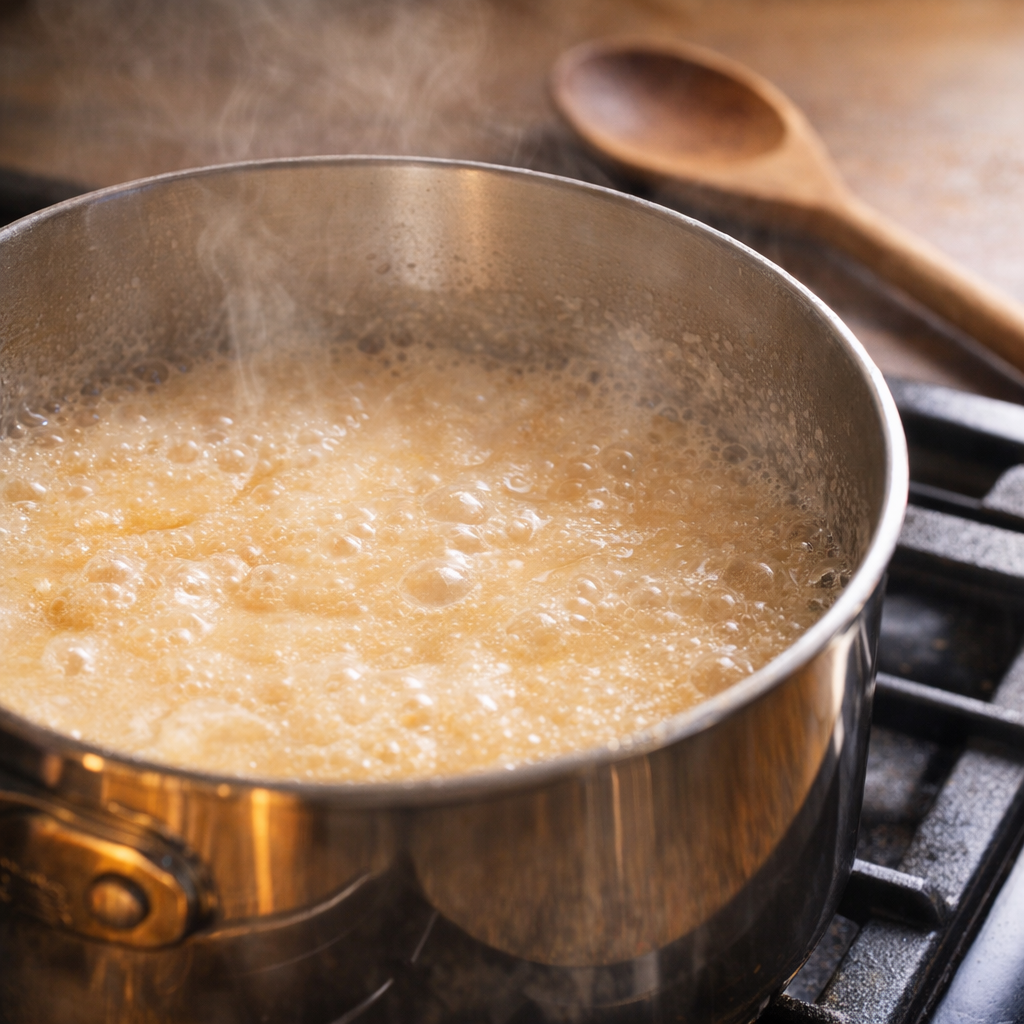 Sugar and cream simmering in a saucepan