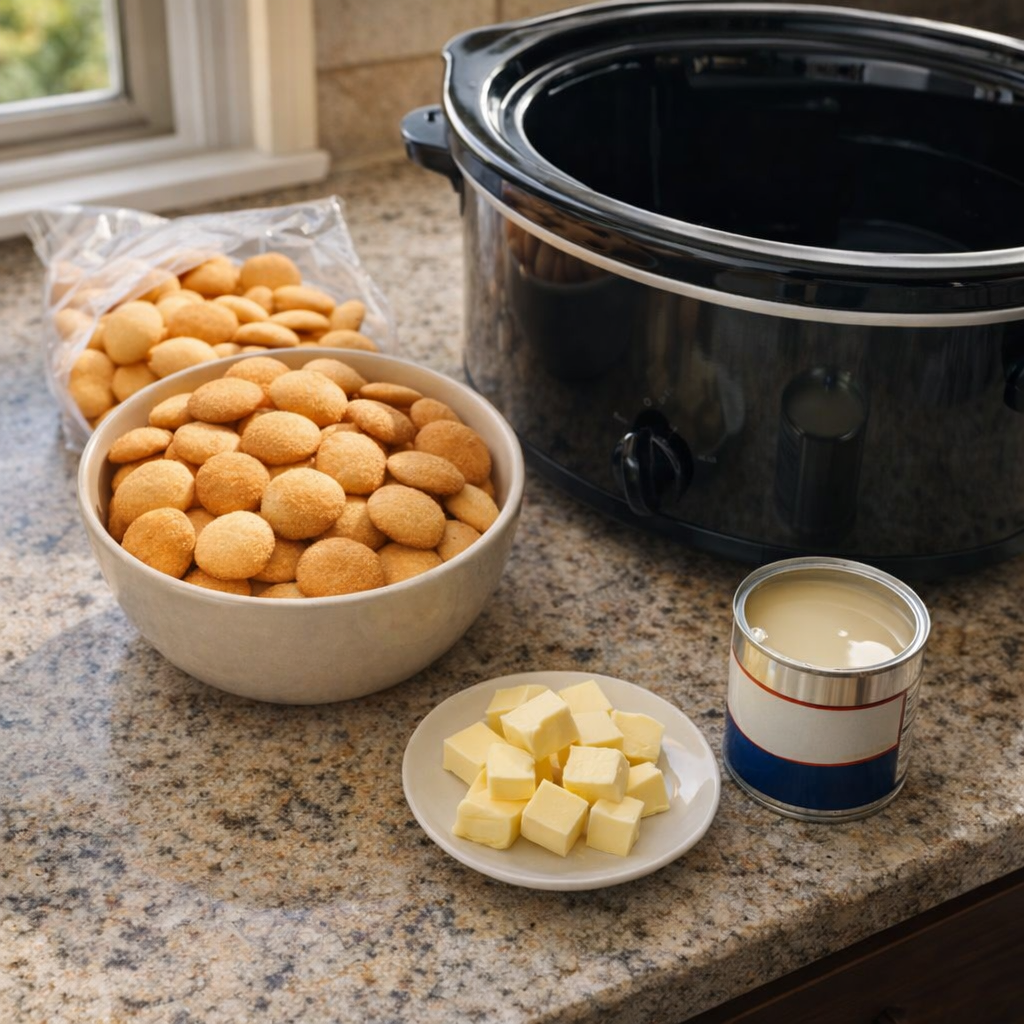 Slow cooker dessert ingredients on a kitchen counter
