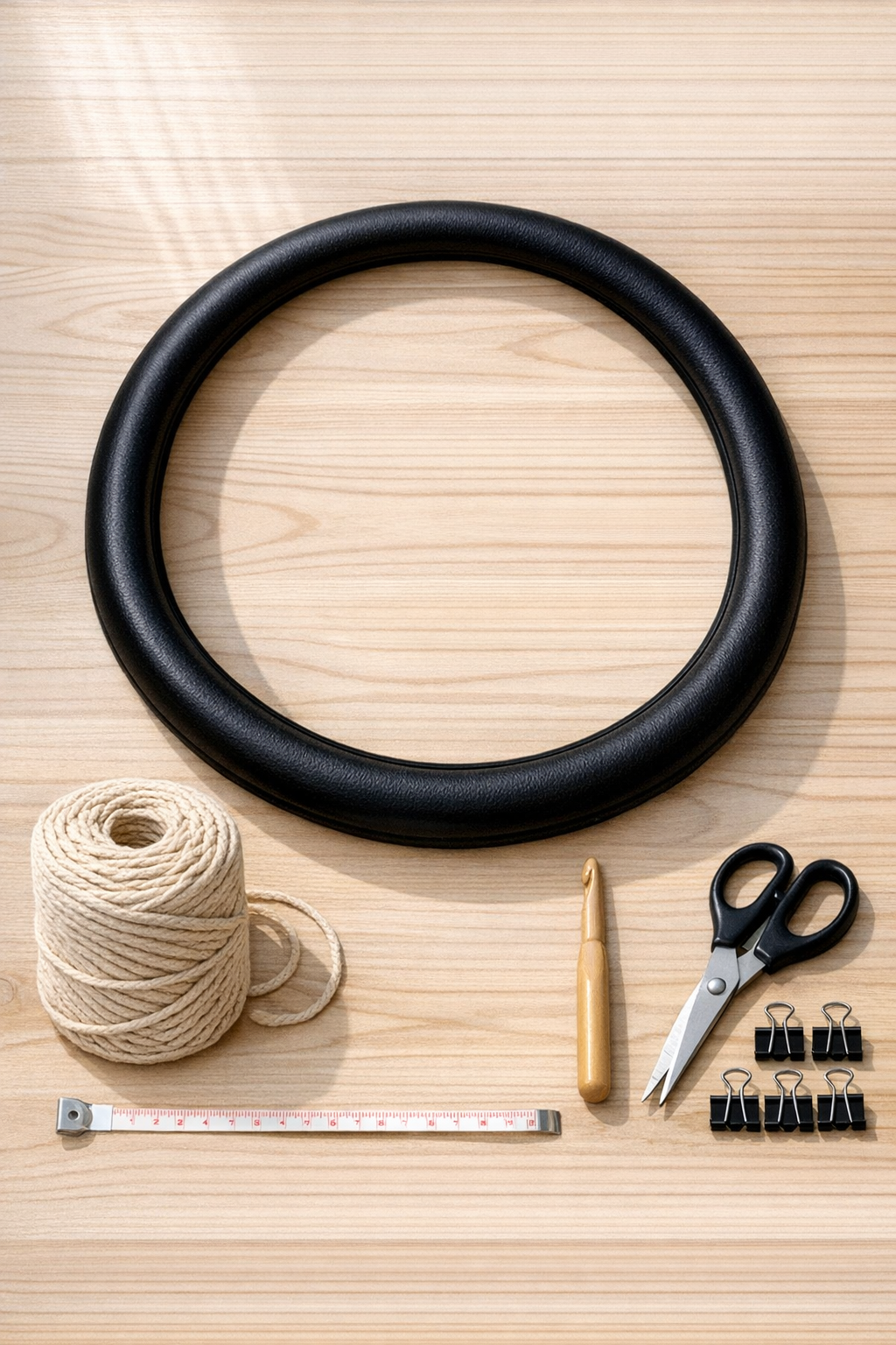 Materials for making a crocheted fruit tray from a steering wheel cover