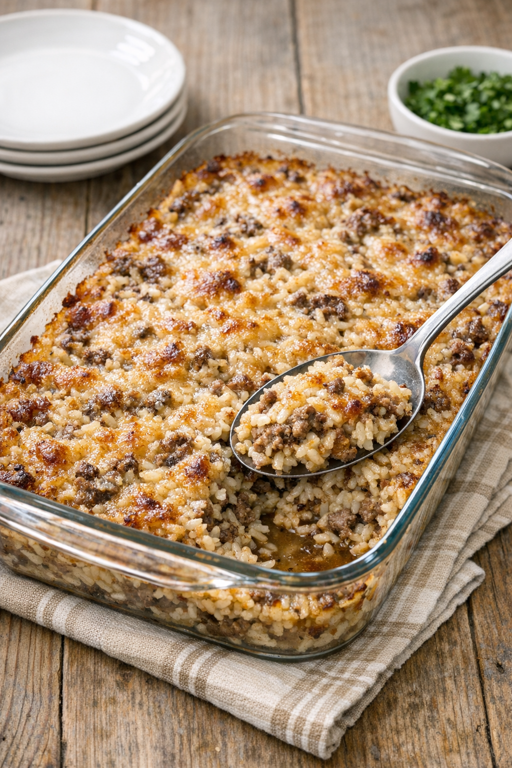 Finished Amish beef and rice casserole in a baking dish
