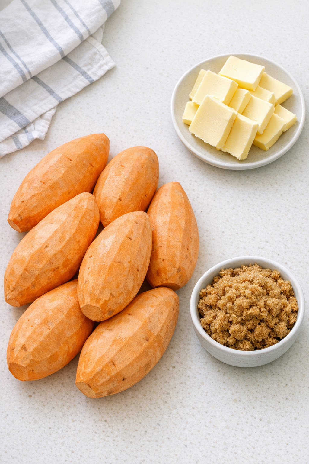 Sweet potatoes, butter, and brown sugar ingredients