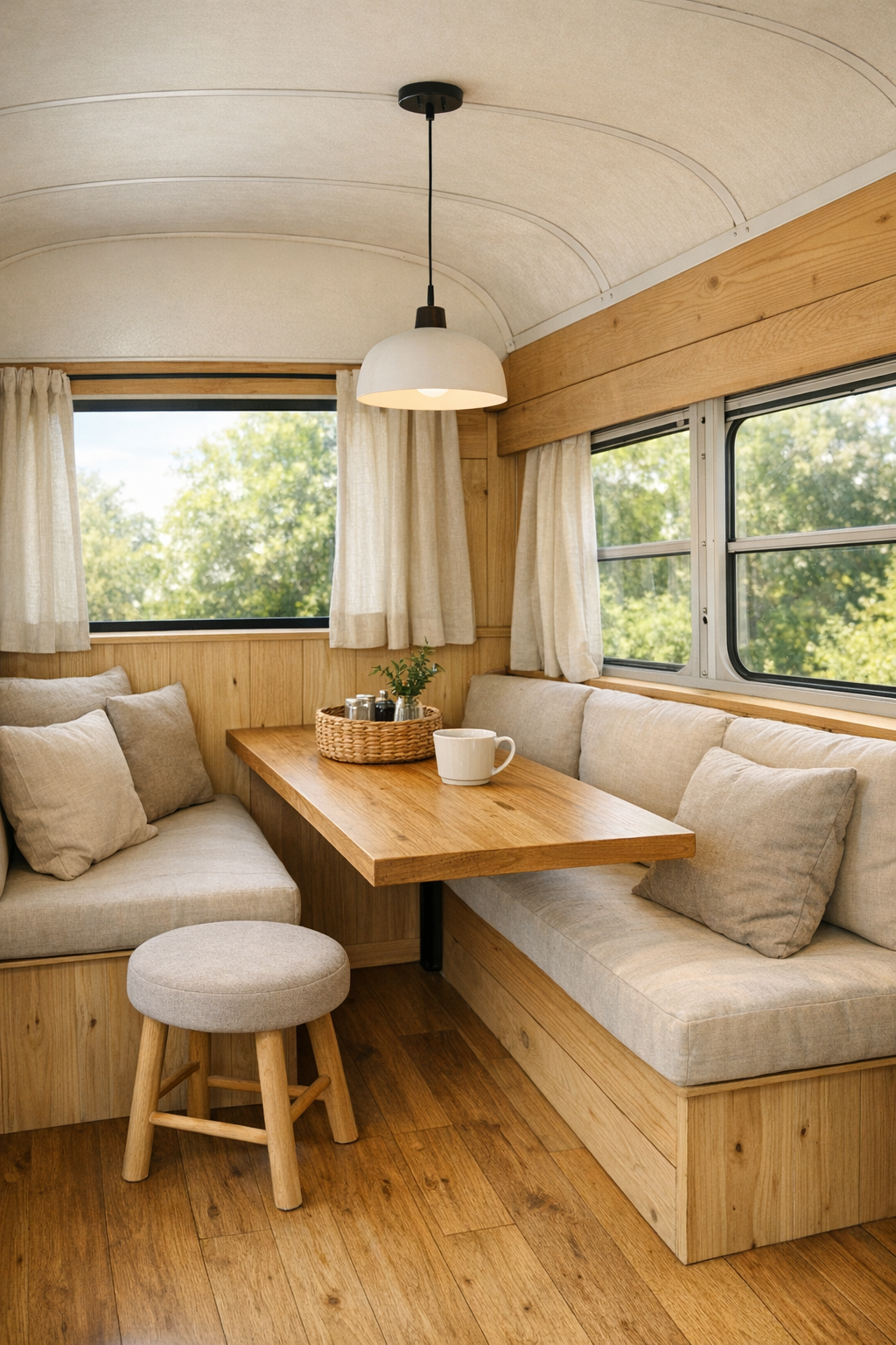 Compact dining nook inside a converted bus with built-in table by the windows