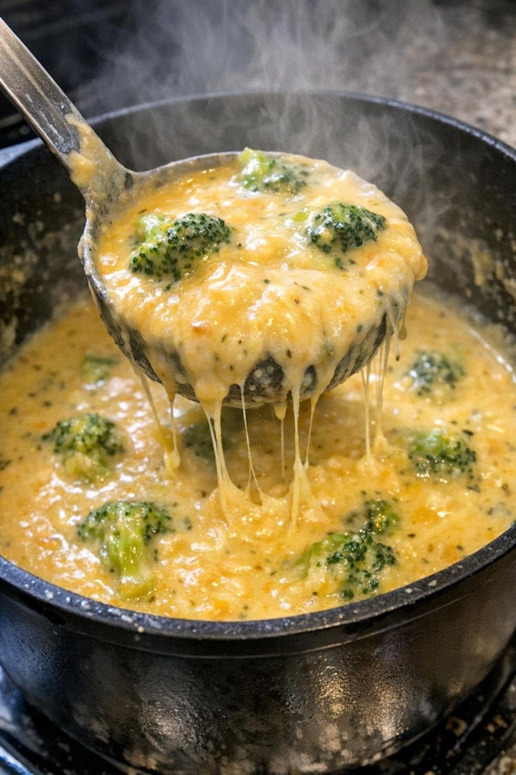 Broccoli cheese soup in a black pot